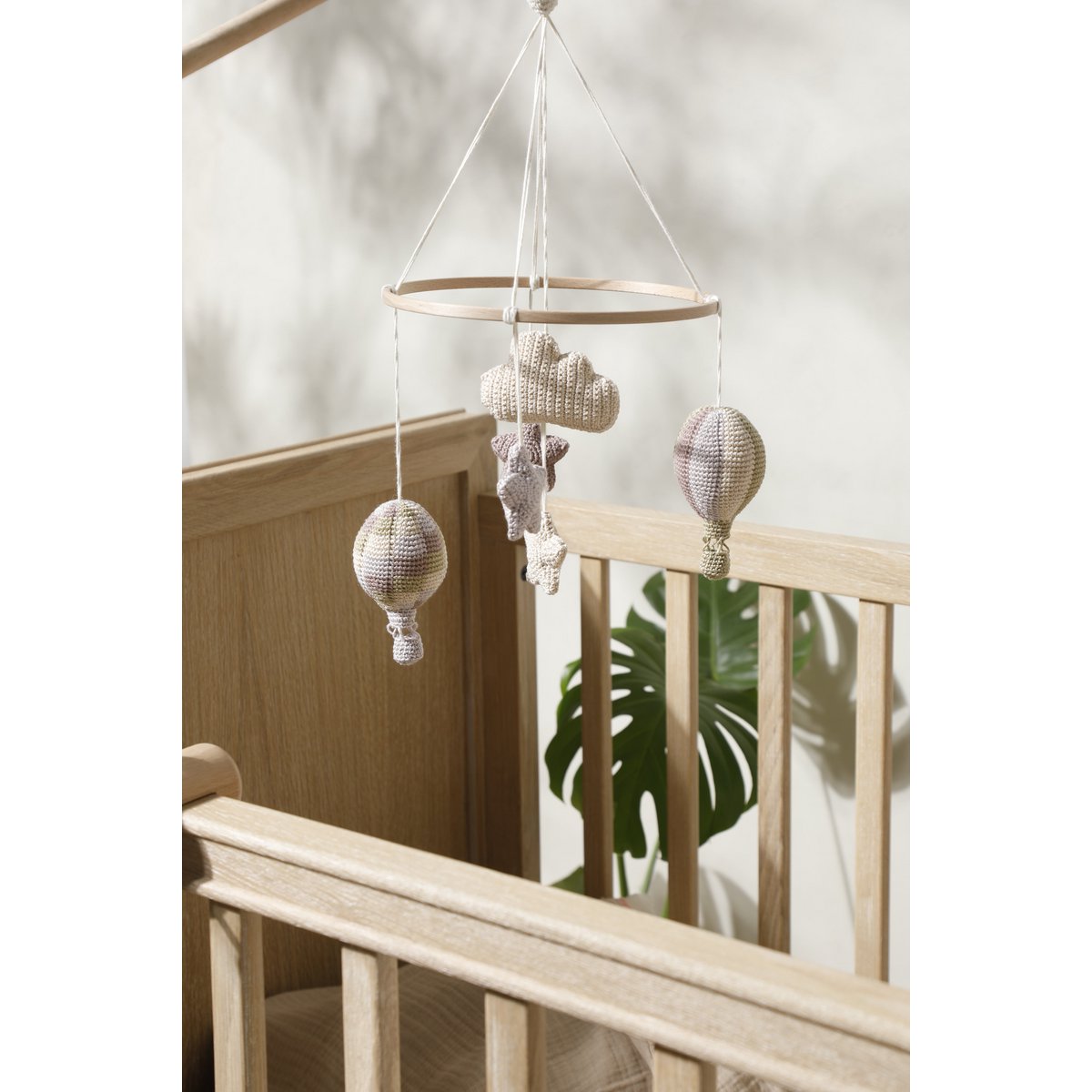 Handmade Amigurumi Mobile with Balloons, Stars & Cloud – Beige, Green & Grey