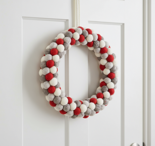 Christmas ornament pom-pom wreath made of sheep's wool – colorful & handmade