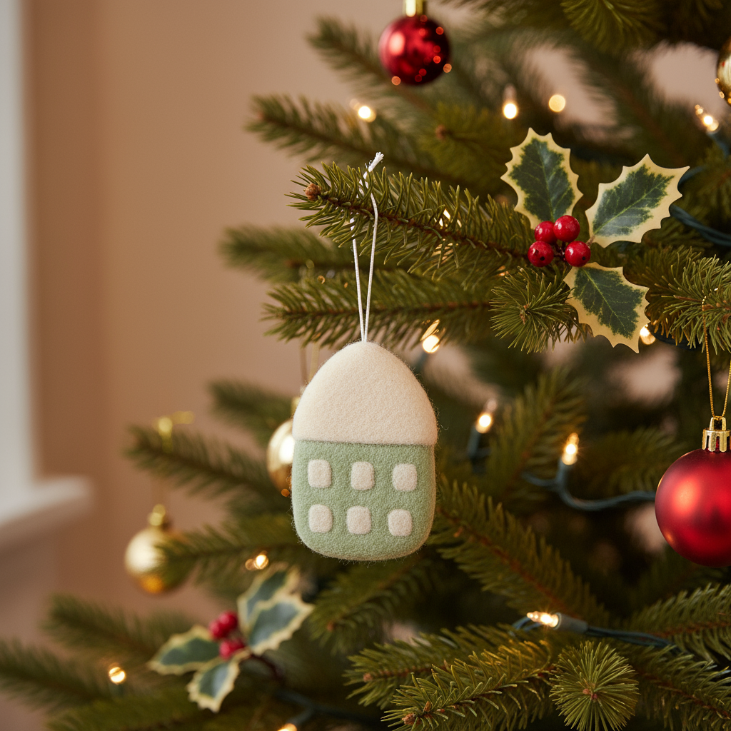 COMING SOON Weihnachtsschmuck Grüner Hausanhänger aus Schafwolle – handgefertigt