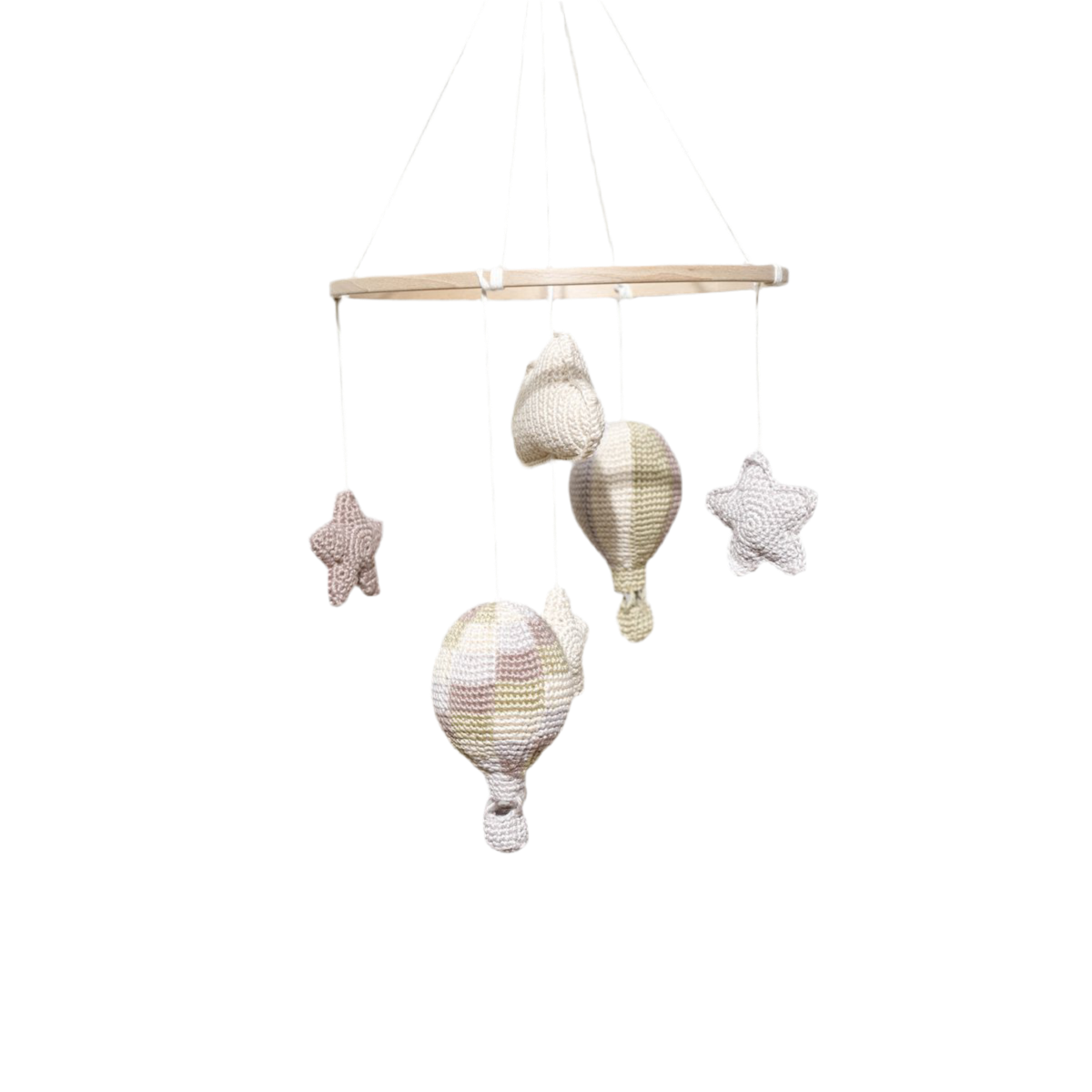 Handmade Amigurumi Mobile with Balloons, Stars & Cloud – Beige, Green & Grey