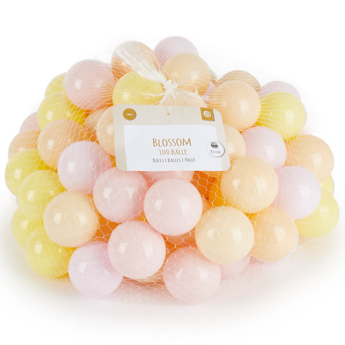 Pastellfarbene Bälle in hellrosa, gelb und peach für ein Bällebad verpackt in einem Netz.