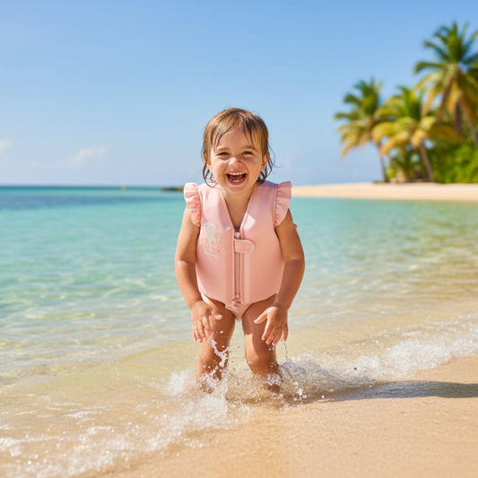 Mädchen am Strand mit Jolie Schwimmweste