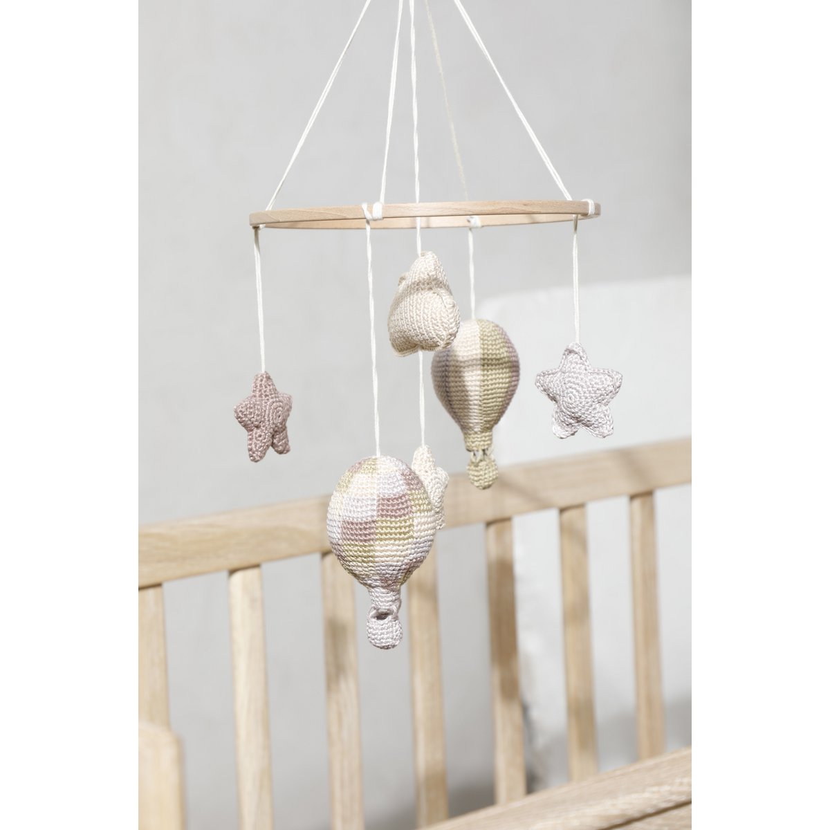 Handmade Amigurumi Mobile with Balloons, Stars & Cloud – Beige, Green & Grey