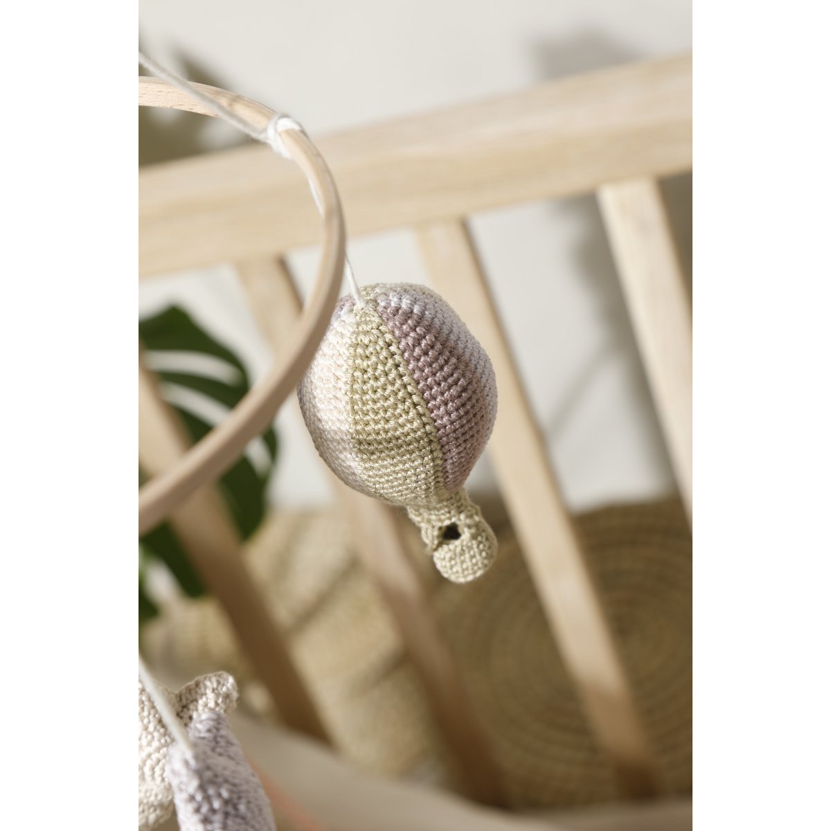 Handmade Amigurumi Mobile with Balloons, Stars & Cloud – Beige, Green & Grey
