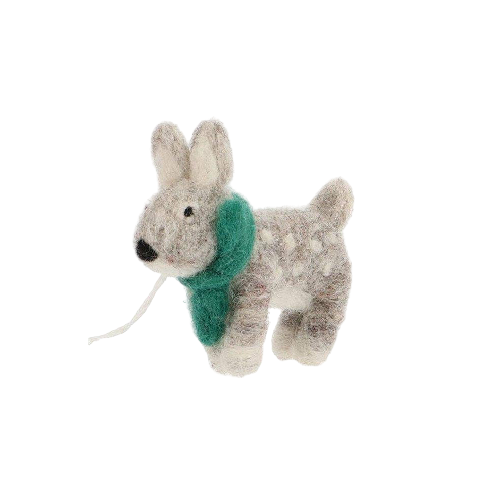 COMING SOON Weihnachtsschmuck Reh-Anhänger Bambi grau mit grünem Schal – handgefertigt