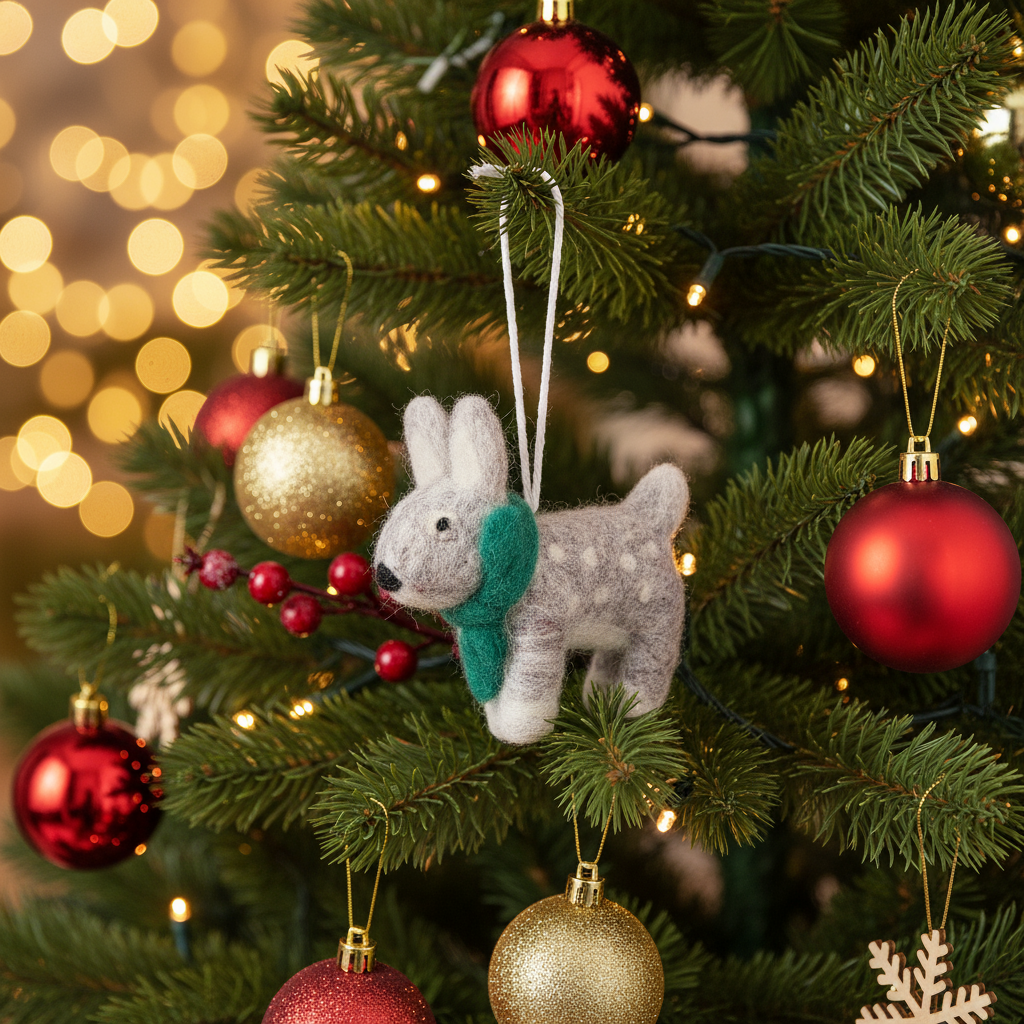 COMING SOON Weihnachtsschmuck Reh-Anhänger Bambi grau mit grünem Schal – handgefertigt
