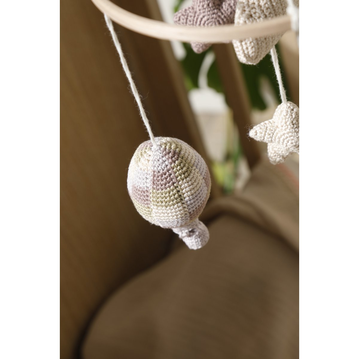 Handmade Amigurumi Mobile with Balloons, Stars & Cloud – Beige, Green & Grey