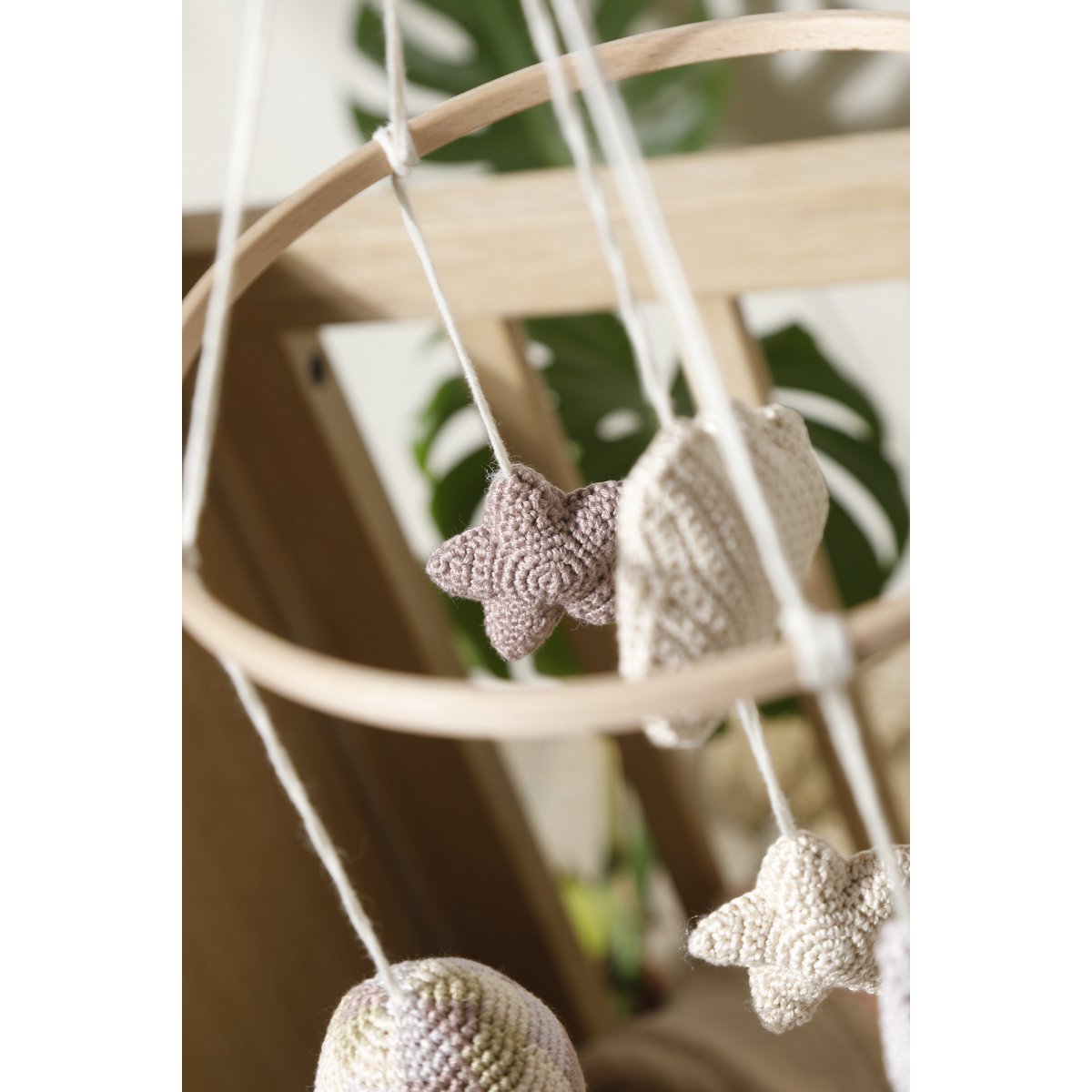 Handmade Amigurumi Mobile with Balloons, Stars & Cloud – Beige, Green & Grey