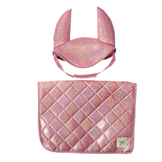 Steckenpferd-Sattelunterlage & Fliegenhaube | Rosa Glitter
