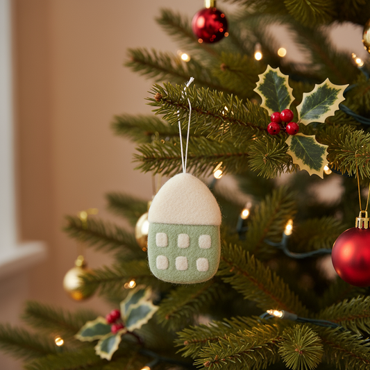 COMING SOON Weihnachtsschmuck Grüner Hausanhänger aus Schafwolle – handgefertigt