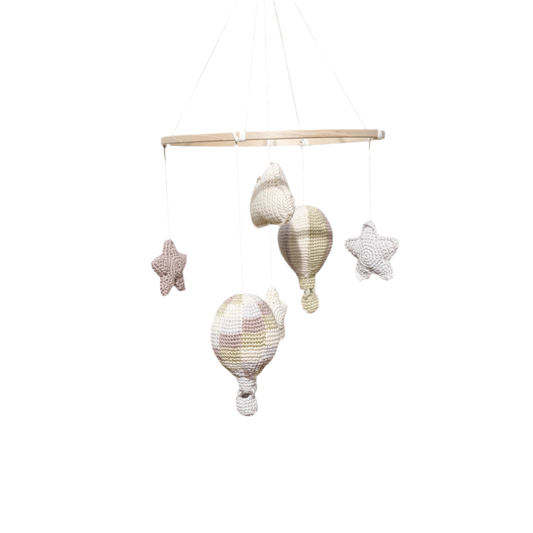 Handmade Amigurumi Mobile with Balloons, Stars &amp; Cloud – Beige, Green &amp; Grey