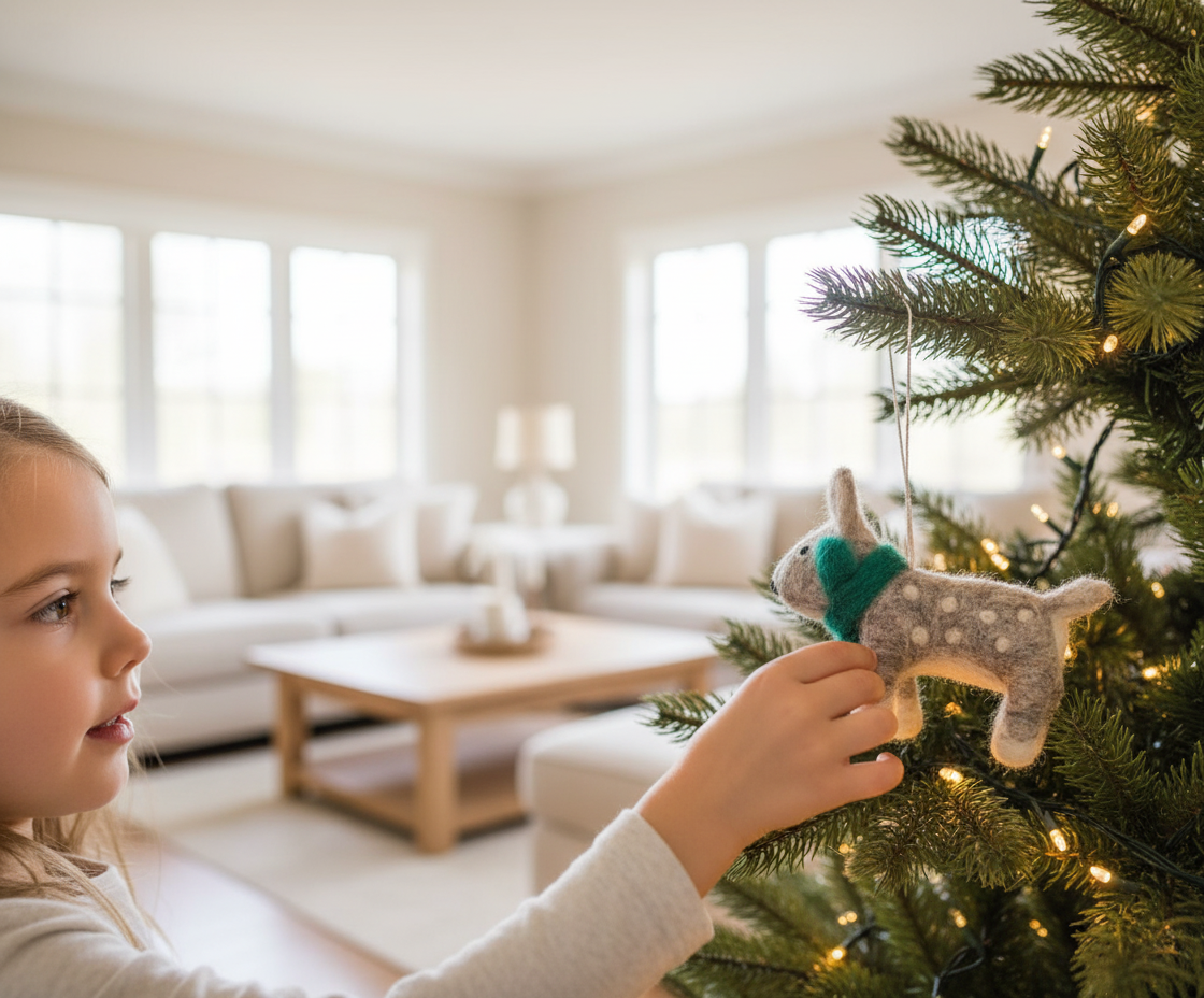 Weihnachtsschmuck *Reh-Anhänger* Bambi grau mit grünem Schal – handgefertigt