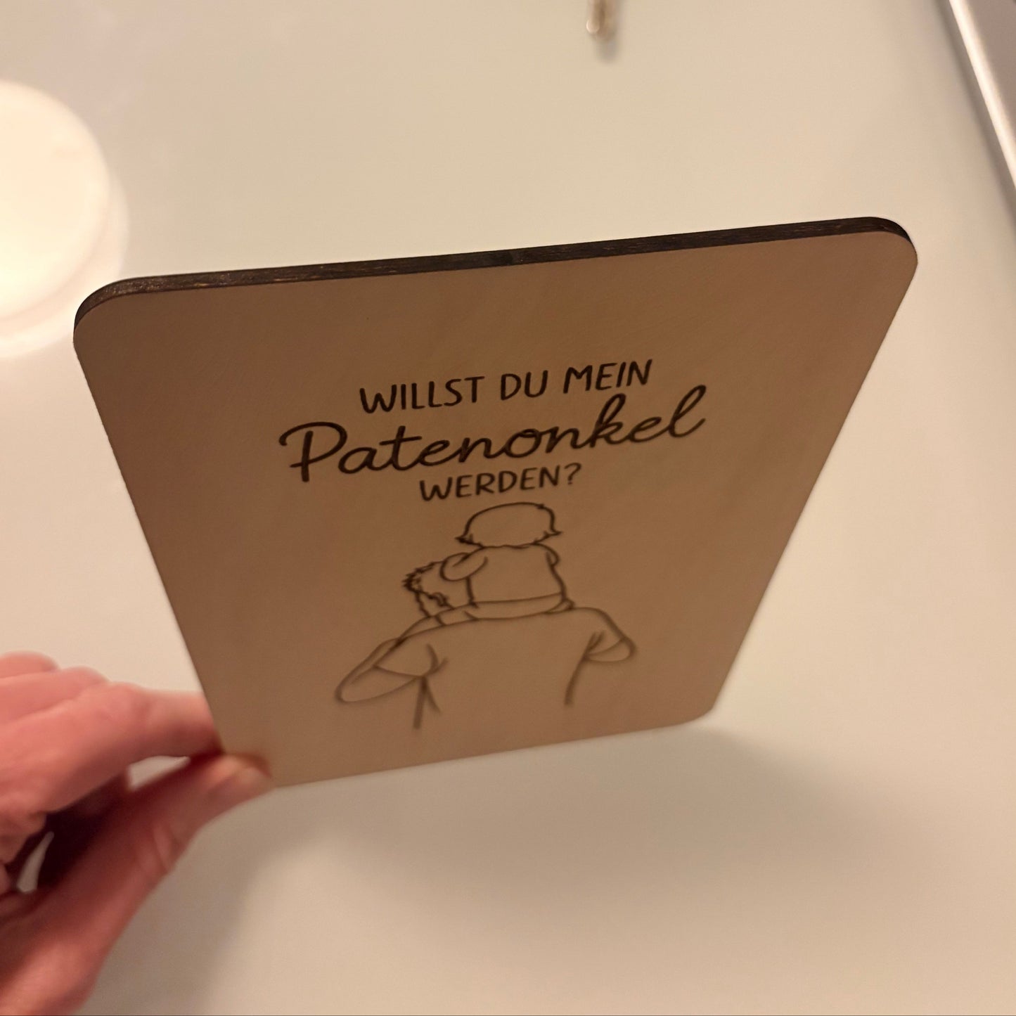 Holzkarte *Willst du mein Patenonkel werden* handgefertigt