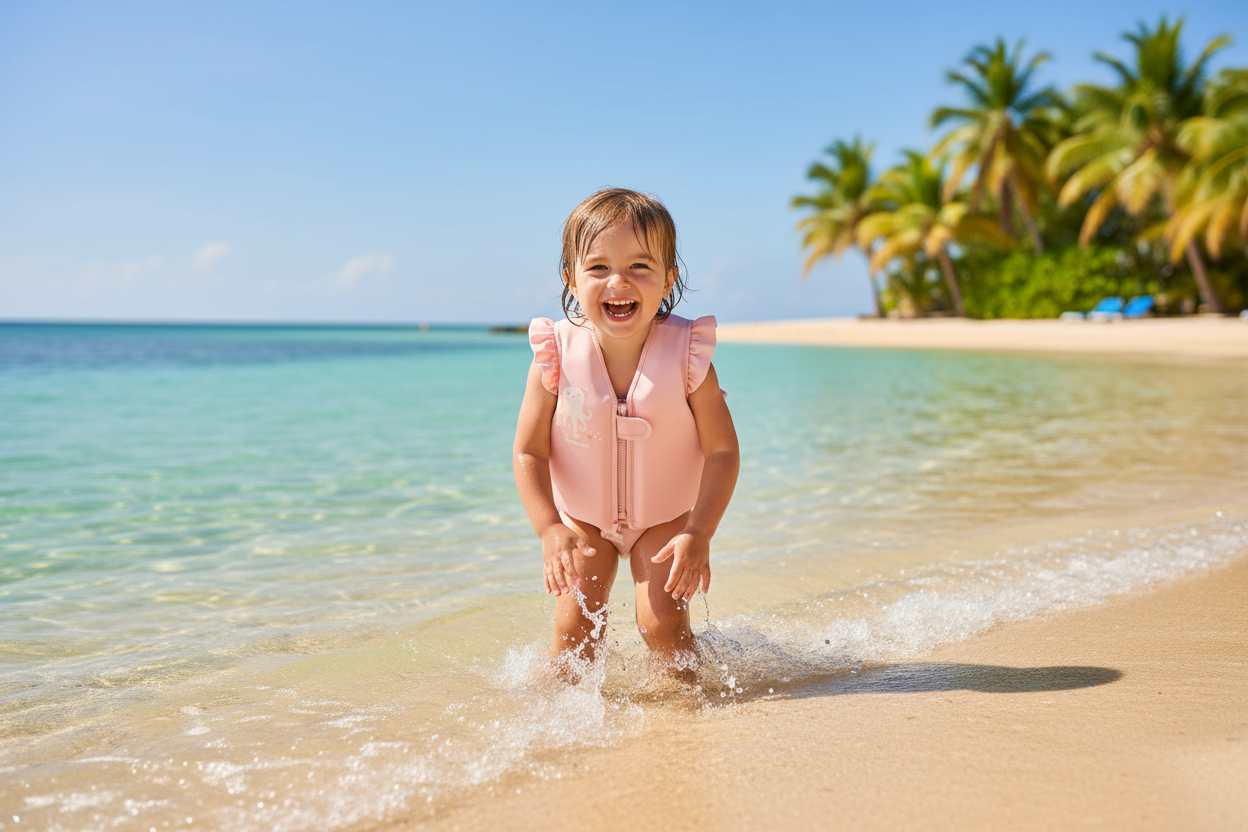 Mädchen am Strand mit Jolie Schwimmweste